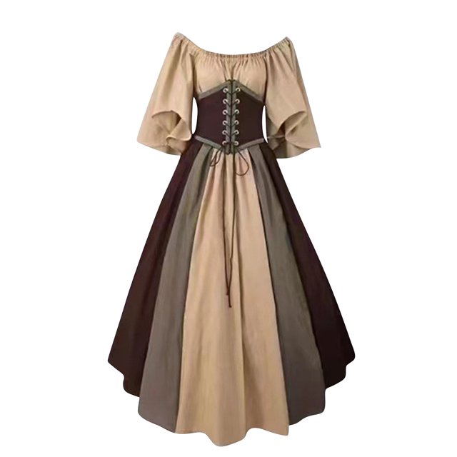 Robes pour Femmes Mode Rétro Collision Slim Manches Volantes Costumes d'Halloween Grandes Ourlets Robes une Épaule, Vert Foncé/3TG