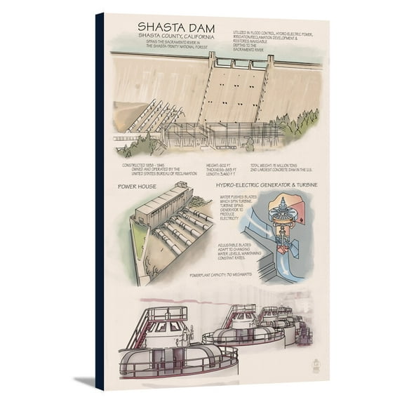 Shasta Dam, California - Technical - Lantern Press Poster (12x18 Gallery Wrapped Stretched Canvas)