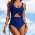 thumbnail image 2 of Staron Women's Swimsuit Set Solid Color Loose Drawstring One Piece Bathing Suit with Removable Padded Bra No Underwire High Cut Split Leg Beach Vacation, Blue XL, 2 of 7