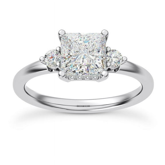 Kiva Jewel 2.1 Ct Princess Cut 3 Stone Engagement Wedding Ring for Her - 14K White Gold Plated Hidden Halo Cathedral Shank Lab-Created Simulated Diamond Ring for Women - Wedding Rings for Women