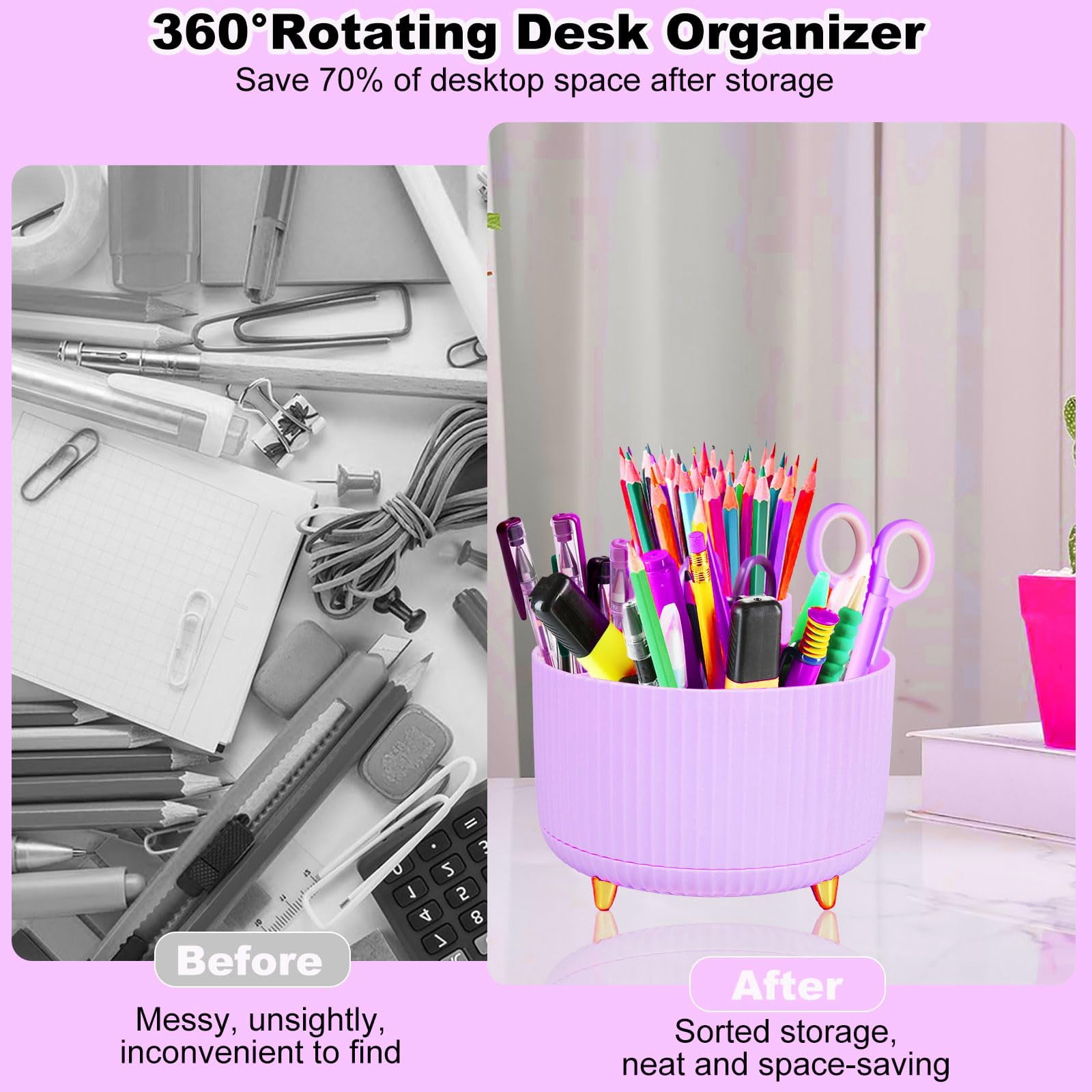 Purple Desk Organizers And Accessories Set With 360-degree Rotating Pen Holder  Tape Dispenser Stapler Staple Remover 1000 Staples Clips Ruler Scissor