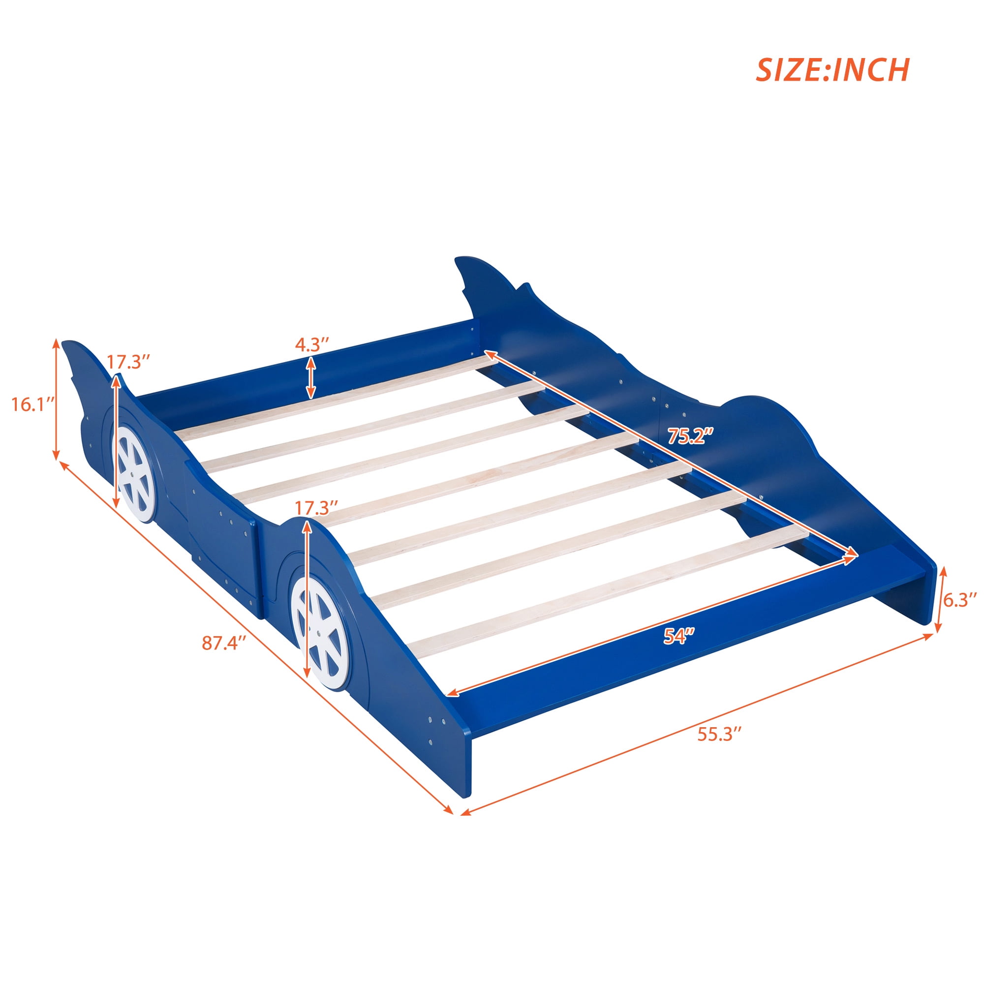 Miniyam Full Size Race Car Bed for Kids, Car-Shaped Design, Blue