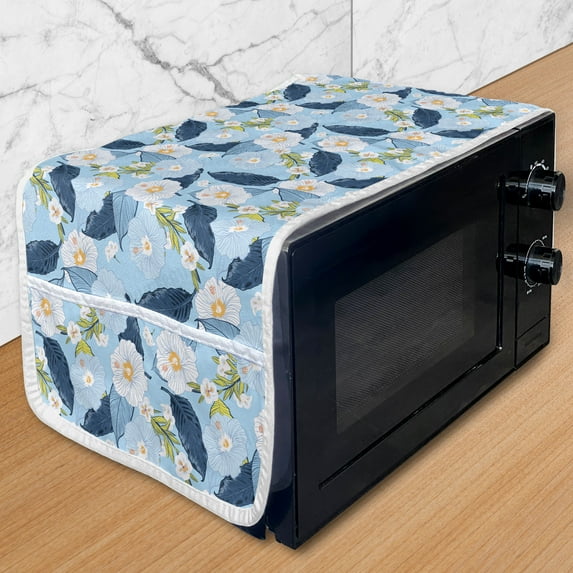 Floral Microwave Oven Cover, Botanical Theme Blooming Flowers and Leaves Pattern Spring Art, Water Resistant Organizer with Pockets for Kitchen, 36" x 12", Pale Blue Dark Sky Blue, by Ambesonne