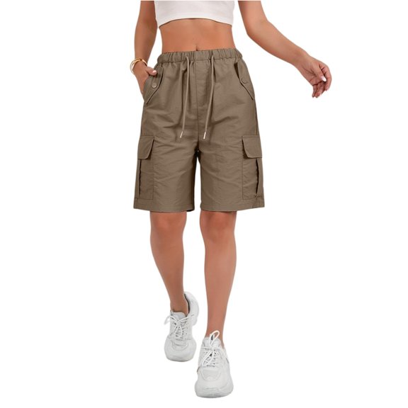 CIENVNSTG Women's Wide Leg Drawstring Cargo Bermuda Shorts High Waisted Knee Length with Pockets Trendy for Summer Hiking Outfits Wear Light Brown Light Brown XL