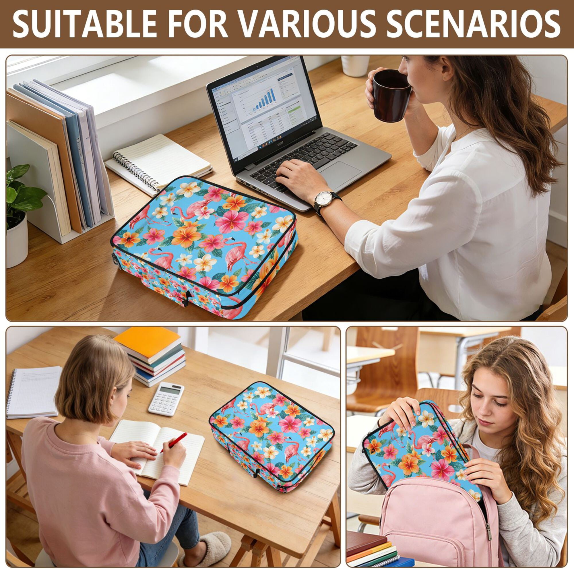 FORMRS Accordion File Folder A4 Size 7-Pocket Expanding Document Organizer Bag with 3 Ring Binder, Tropical Flamingo Pattern