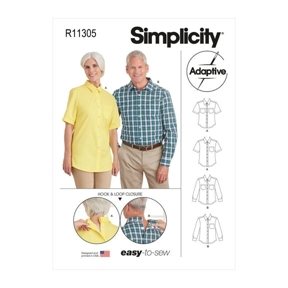 Simplicity Sewing Pattern R113305 (9487) - Unisex Adaptive Shirt, Size: A (XS-XL)