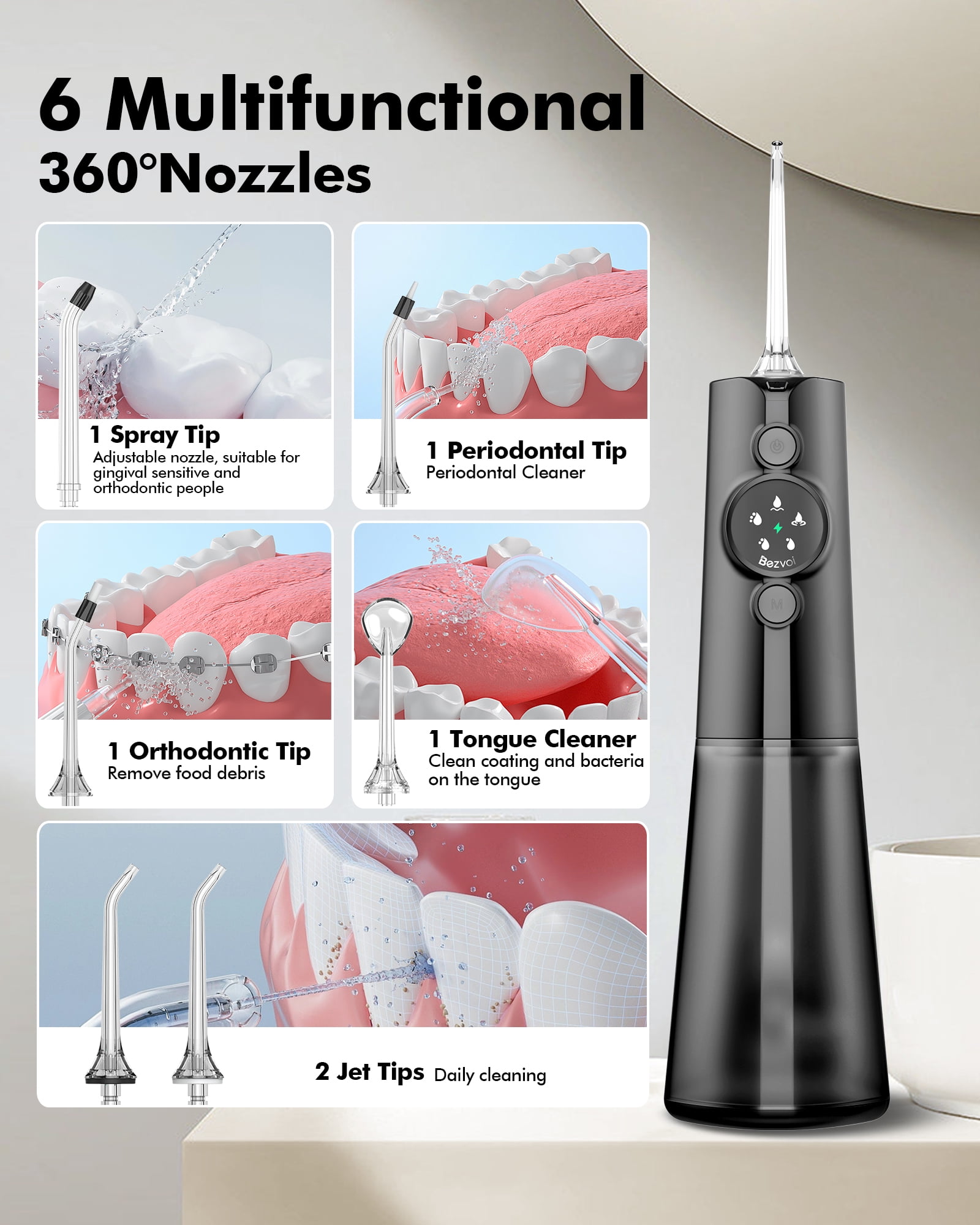 Water Dental Flosser for Teeth Cordless: Professional Oral Irrigator LED Display 5 Modes, 300ML Water Tank, IPX7 Waterproof Electric Tooth Cleaner Picks, Water with 6 Jet Tips for Home Travel