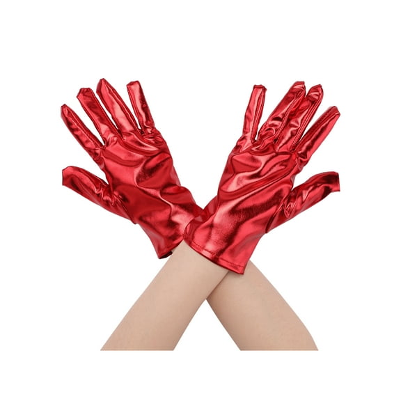 INSPIRE CHIC Women's Metallic Shiny Shimmer Full Finger Wrist Length Gloves for Party Costume 1 Pair One Size Red