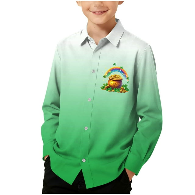 RXMEKW Chemise à Manches Longues Imprimée pour la Saint-Patrick pour Garçons avec Col Rabattu, 95 % Coton 5 % Spandex, Vert