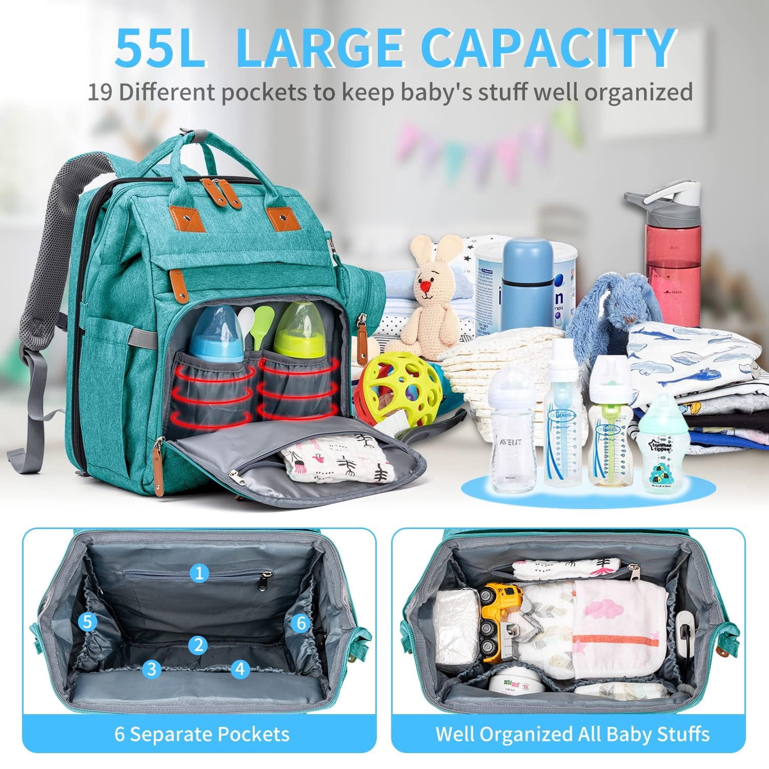 Diaper Bag Backpack with Detachable Changing Station, Large Capacity Baby Diaper Bags for Boys & Girls, Baby Registry Search Stuff & Shower Gifts, Newborn Essentials Must Haves, Lake Blue