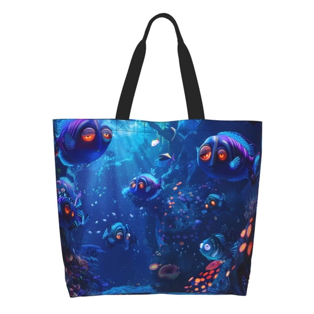 Fotbe Deep Sea Glowing Fishes Bolsa Tote Estética de Lona con Estampado para Mujer - Bolsa Reutilizable de Hombro Casual para Vacaciones, Compras, Trabajo y Gimnasio