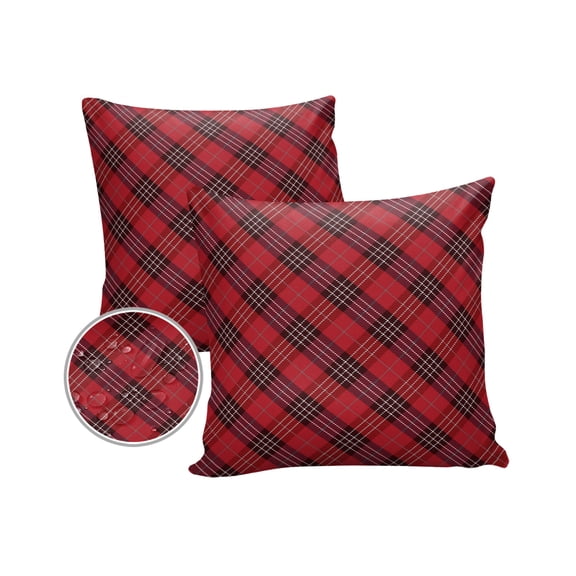 Pack of 2 Outdoor Pillow Covers, Christmas Red Buffalo Check Plaid Waterproof Square Throw Pillowcase Cushion Decorative Pillow Covers for Couch Patio Tent, 20x20 in