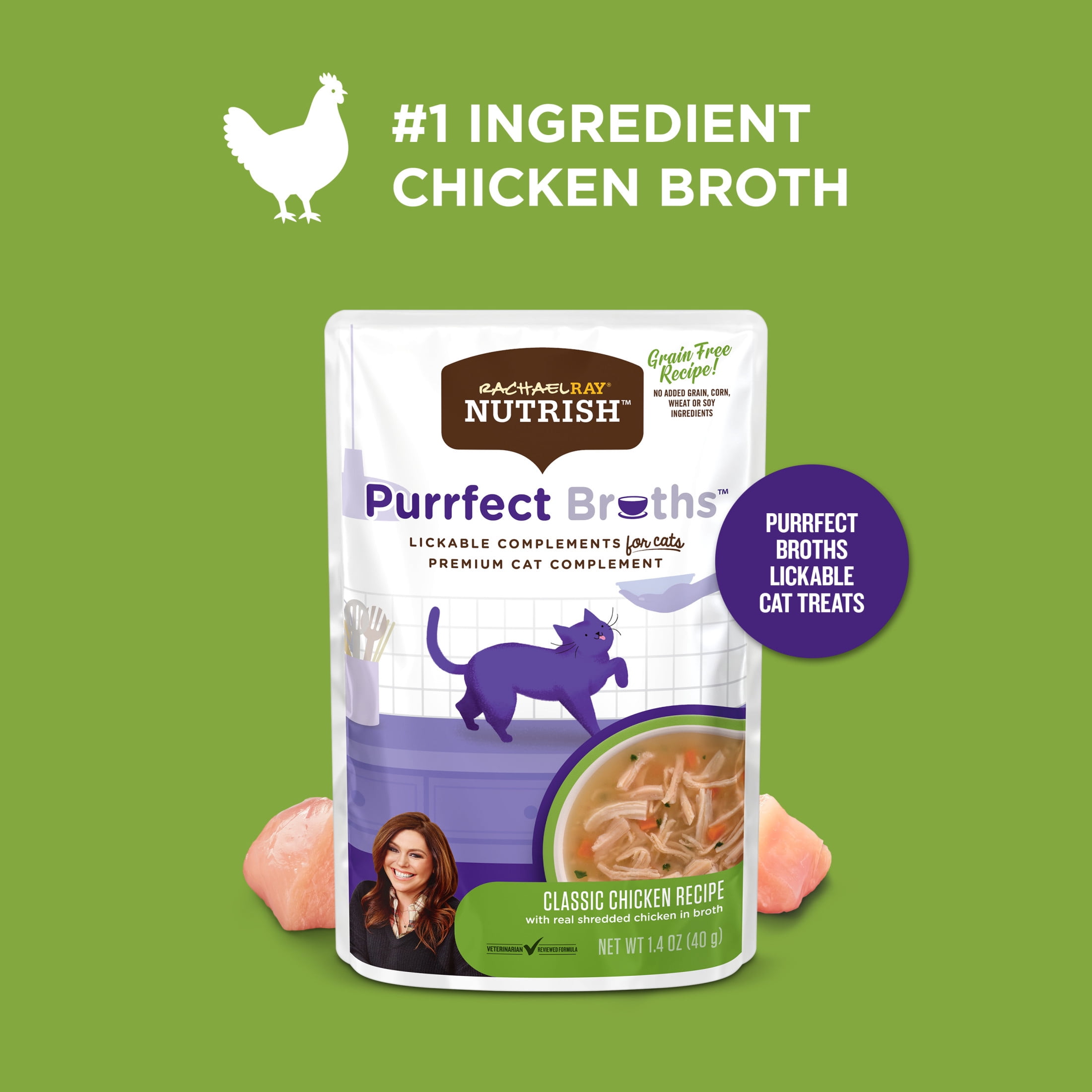 (4 pack) Rachael Ray Nutrish Purrfect Broths Classic Chicken Cat Complements, 1.4 oz. Pouch