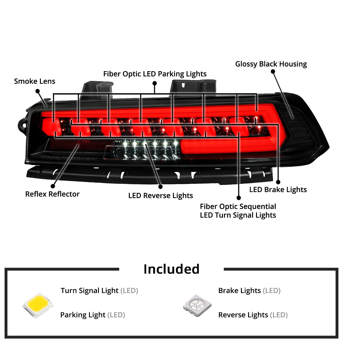 Spec-D Tuning Glossy Black Smoke Full LED Tail Lights w/ Sequential Turn Signals Compatible with 2014-2015 Chevy Camaro, Left + Right Pair Assembly