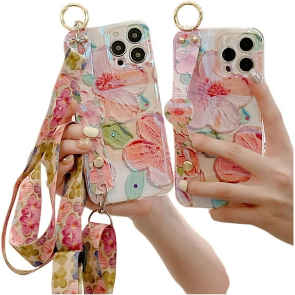 Soft Oil Painting Flowers Bracket Phone Case for Samsung Galaxy A52 A32 A22 A12 A42 4G 5G, Wrist Strap, Lanyard, Stand Back Cover, Popular Rhinestone Shell(Peach Blossom,A52 4G/5G)