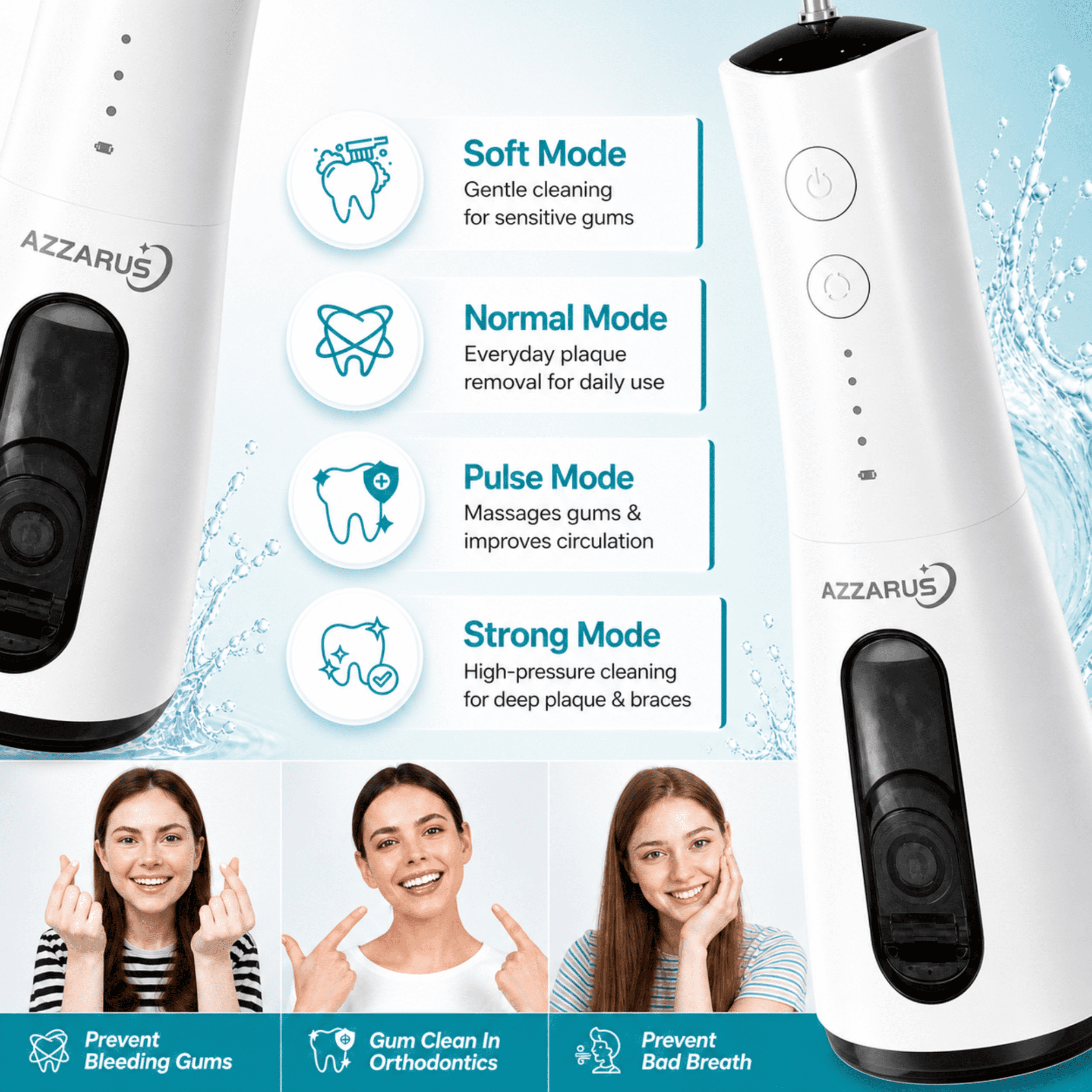 AZZARUS® Water Flosser – Cordless Oral Irrigator, Portable, 300ml Tank, 4 Modes, 5 Tips, Rechargeable, Waterproof (White)