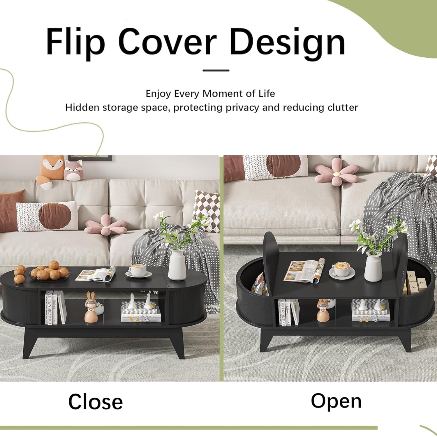 Fluted Coffee Table with Storage, Modern Coffee Tables, Wood Accent Center Table