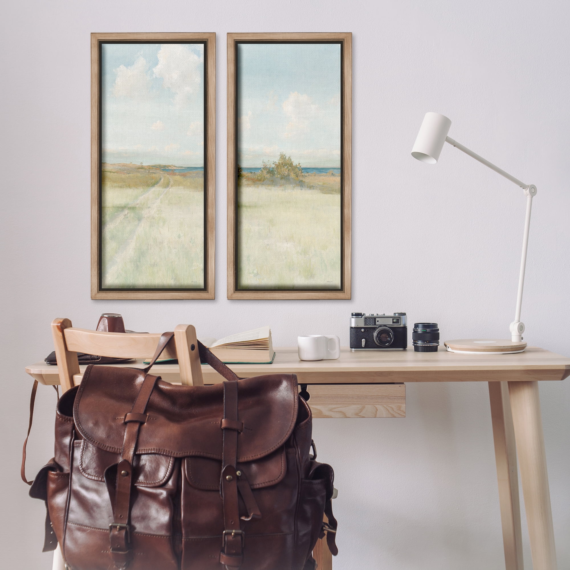 Stupell Industries Grass Path to Beach Alcove Landscape & Nature Painting Brown Floater Framed Canvas Art Print Wall Art, 14 x 31, Set of 2