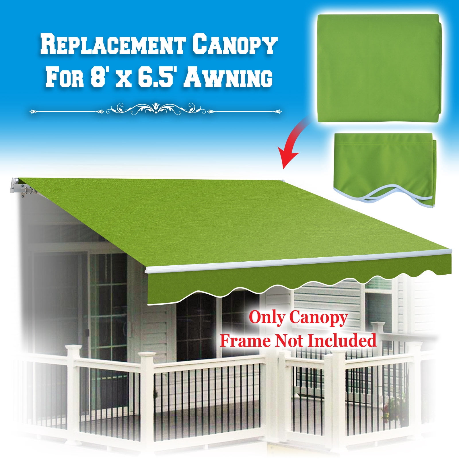 Sunrise Outdoor 8' x 6.4' Replacement Canopy for Manual Yard Retractable Patio Deck Awning Sunshade （Cover Only, Frame is not Included）-Apple Green