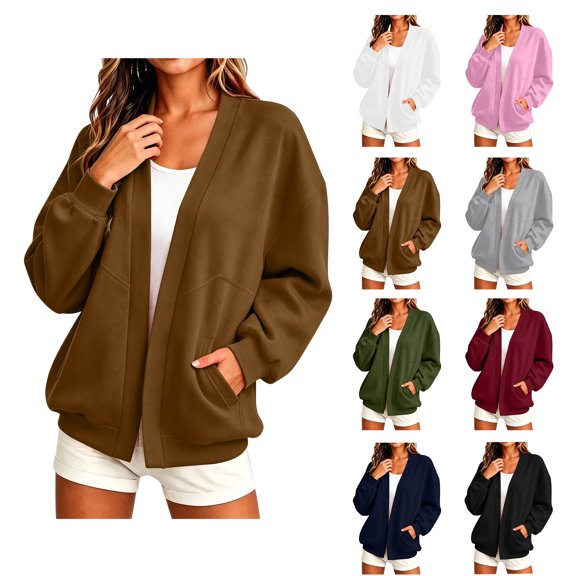 Qiggri Women Sweatshirt Cardigan Cotton Open Front Jacket Oversized Lightweight Loose Fit Pocket Casual Athleisure Outerwear L