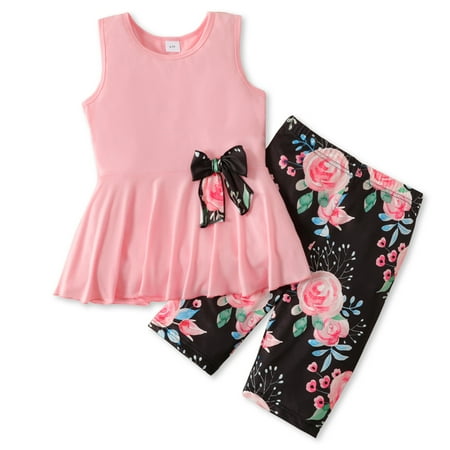 PatPat 2pcs Kid Girl Bowknot Design Sleeveless Tee and Floral Print Leggings Shorts Set