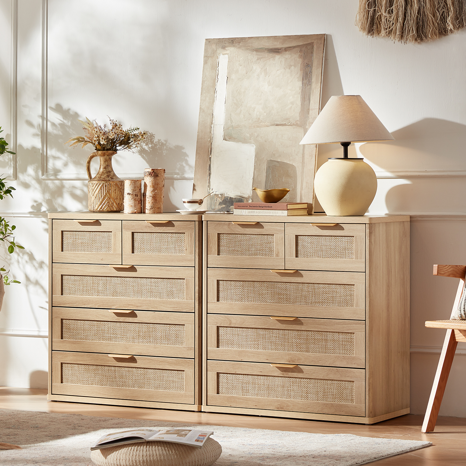 Upright Dresser for Bedroom Set of 2, Chest of Drawers, Modern 5 Drawers Boho Rattan Dressers with Storage, Dresser Natural Wood Closet Organizer for Living Room