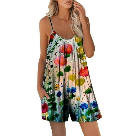 

Booker Womens Rompers Suspender Casual Shorts Summer New Digital Print Loose Pocket Jumpsuit