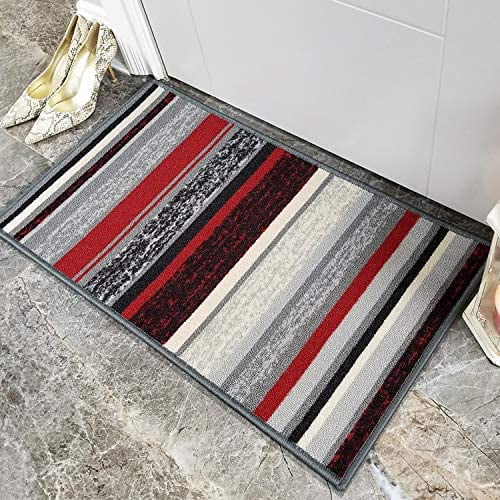 Indoor Doormat Rubber Backed,30 Inch X 18 In, Red Gray Striped, Non