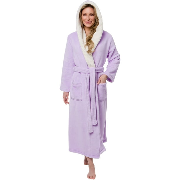 Silver Lilly Womens Sherpa Trim Fleece Robe with Hood Full Length Warm Plush Luxury Bathrobe