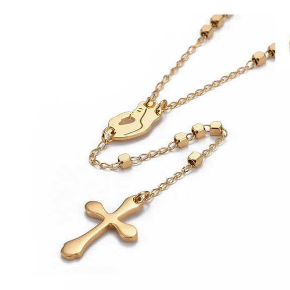 304 Stainless Steel Rosary Bead Necklace Easter Cross Virgin Mary Gold 21"  A387