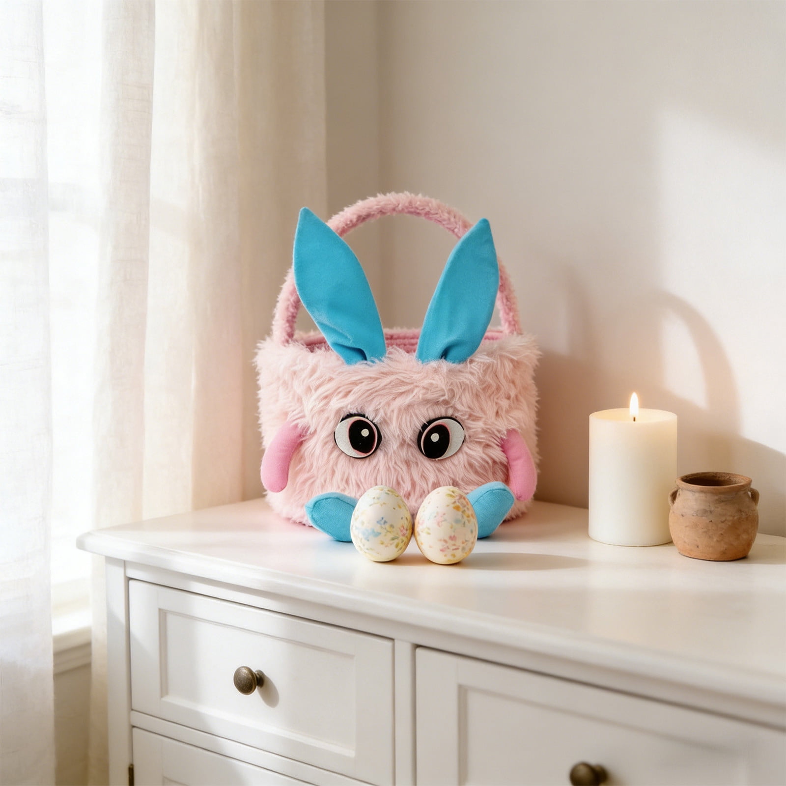 Kbndieu Plush Easter Basket, Cute Bunny Easter Baskets for Kids Boys Girls, Egg Hunting Easter Bucket with Rabbit Ears, Easter Tote Bags for Easter Decorations Candy Gifts Toy Storage