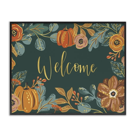 Stupell Industries Cottage Pumpkin Floral Harvest Welcome Sign Green Orange Black Framed Giclee Art, 20 x 16, by Caroline Alfreds