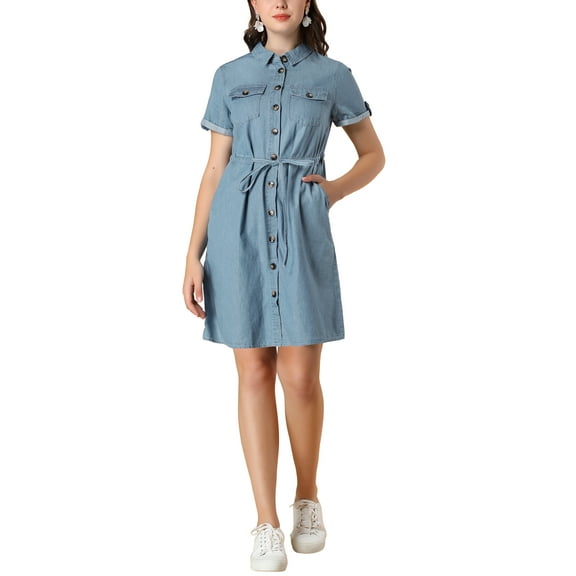 INSPIRE CHIC Women's Casual Button Front Summer Short Sleeve Dresses S Blue