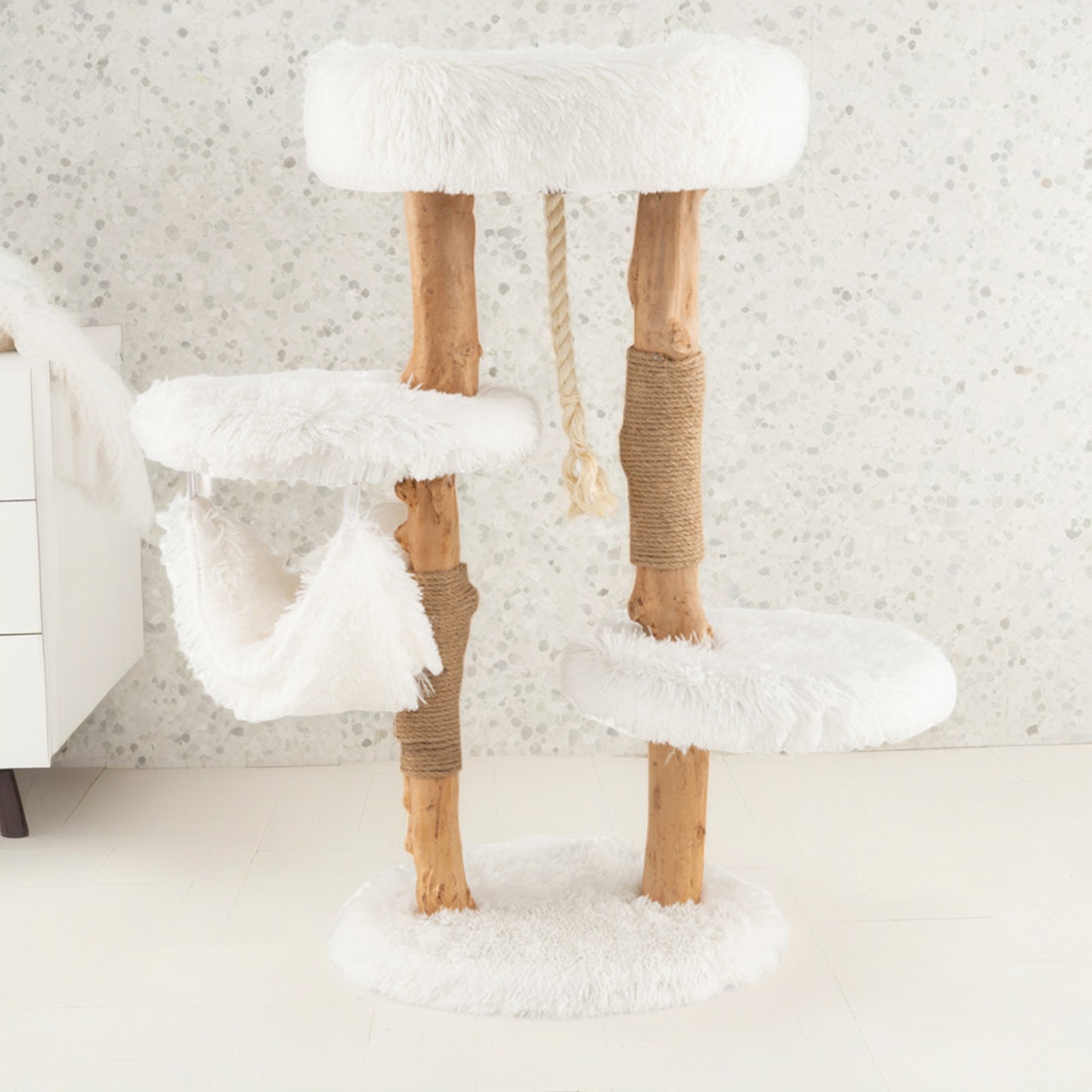 resenkos 34" Modern Cat Tree Tower for Indoor Cats with Perch, Cat Condo, Solid Wood Cat Tree House with Scratching Posts for Large Cats, White