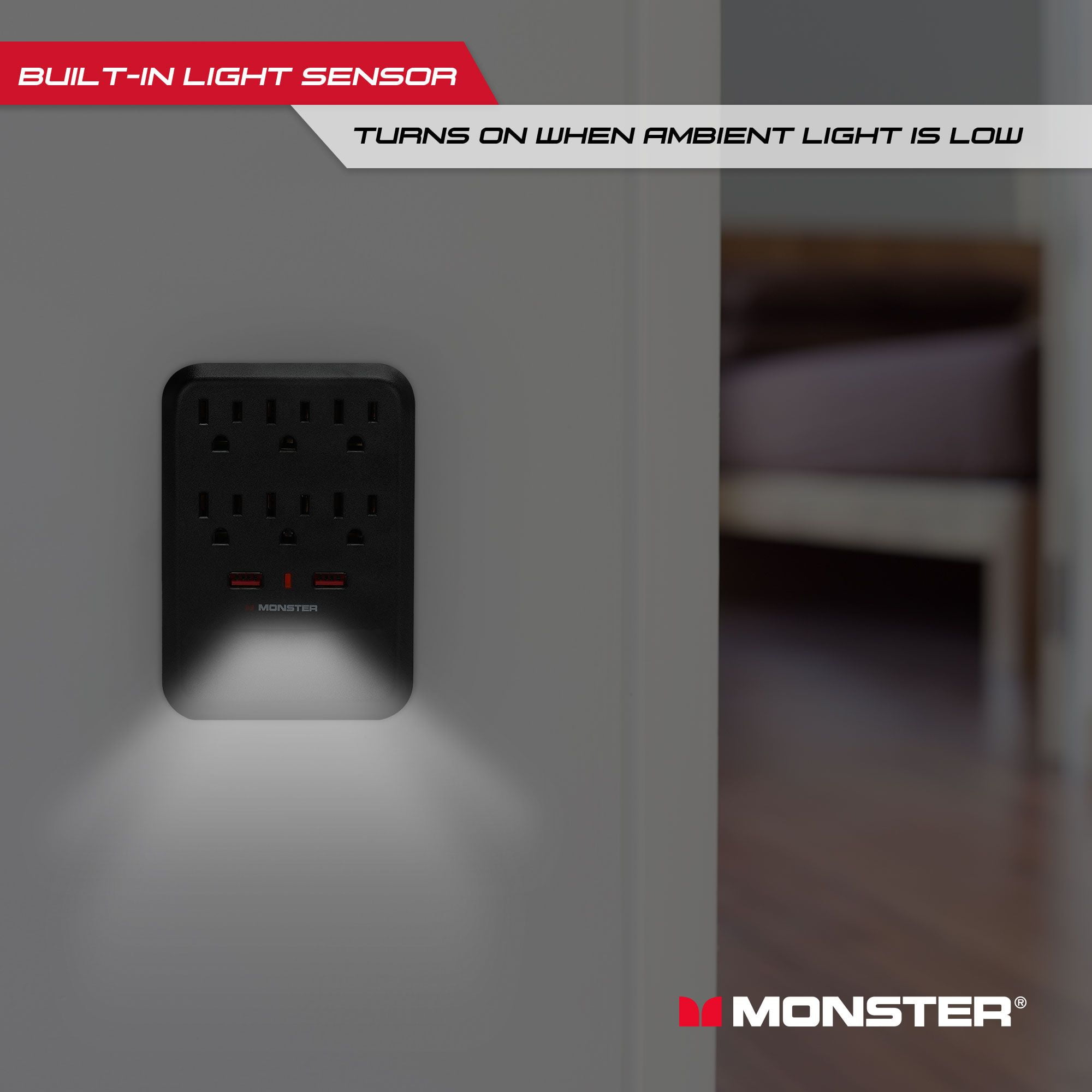 Monster Wall Tap Surge Protector, 6 Grounded Outlets & 2 USB Ports
