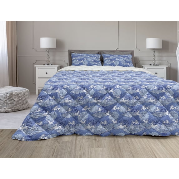 Fantasy World Comforter & Sham Bedding Set, Unicorns Fantasy World Cloud Silhouettes Floral Ornaments Pattern, 3 pcs Duvet Set Microfiber Filling Quilt, 5 Sizes, Ceil Blue Pale Blue, by Ambesonne