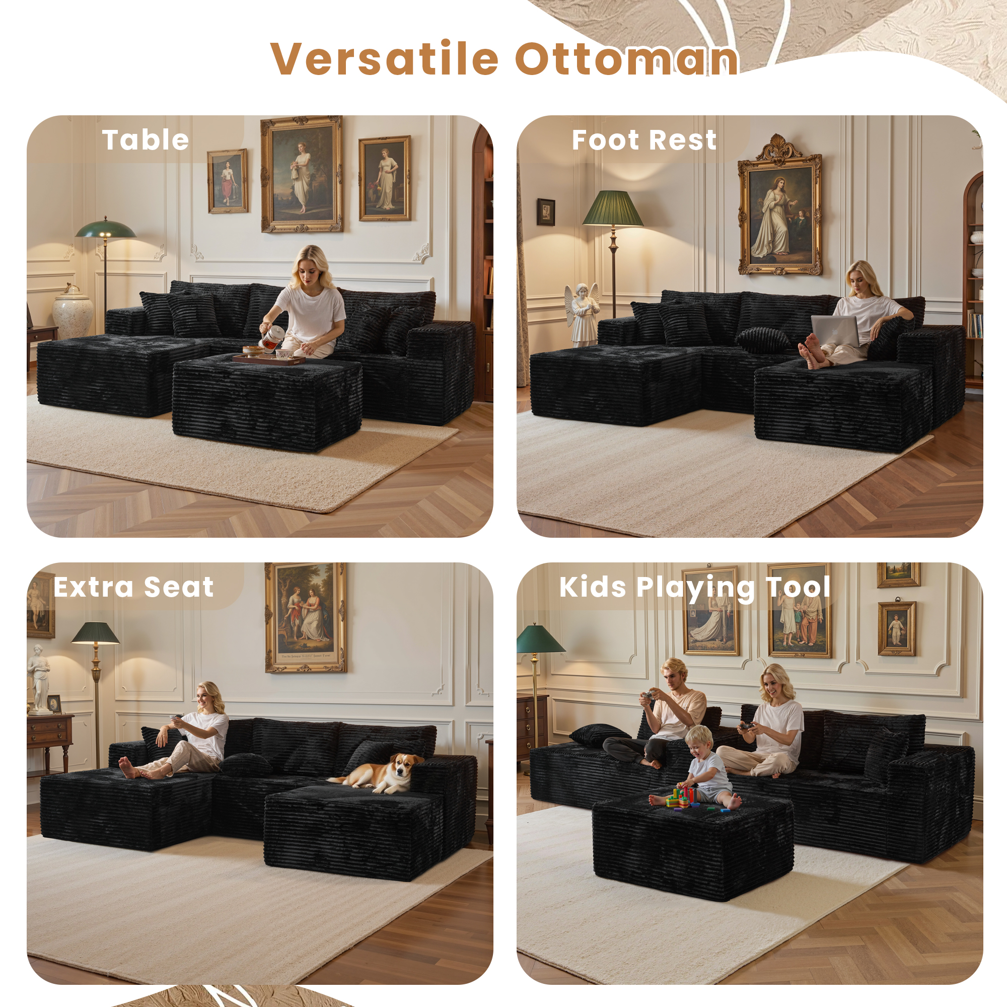 Toject 108" Modular Sectional Sofa, Modern Cloud Couch with Ottoman, No Assembly Required, U-shaped Sofa for Living Room, Black