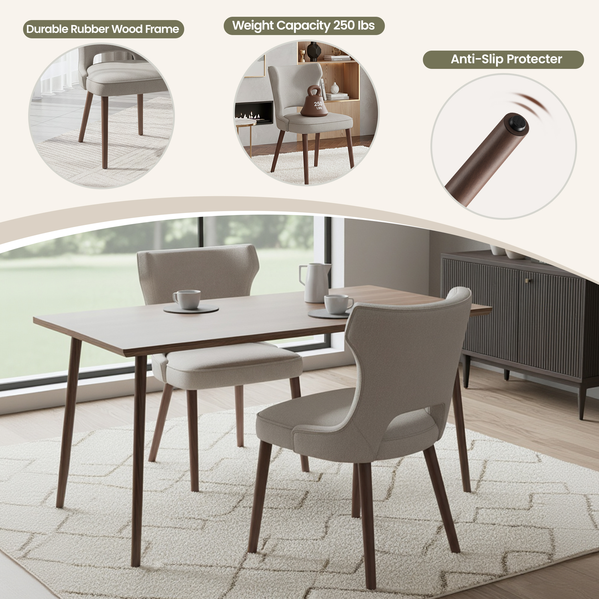 EOP Modern Fabric Upholstered Dining Chairs Set of 6, Wingback Dining Side Chairs with Solid Wood Legs, Farmhouse Dining Room Chairs for Dining Kitchen Living Room, Camel