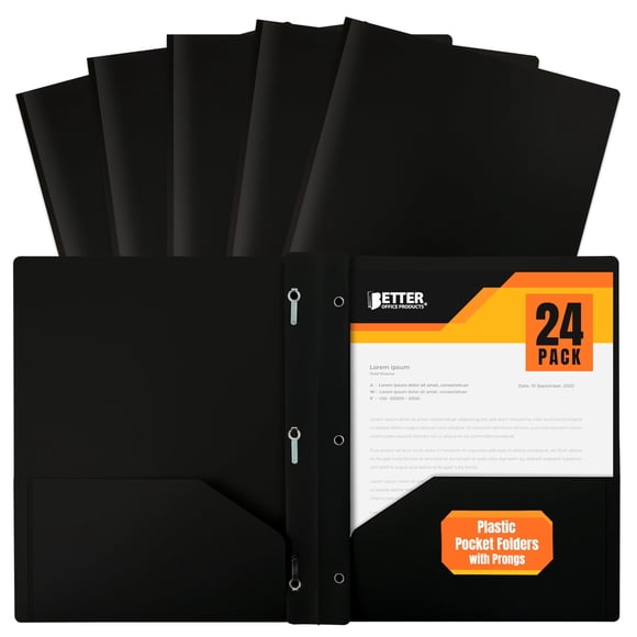 Better Office Products Black Plastic 2 Pocket Folders with Prongs, Heavyweight, Letter Size Poly Folders, 24 Pack, with 3 Metal Prongs Fastener Clips