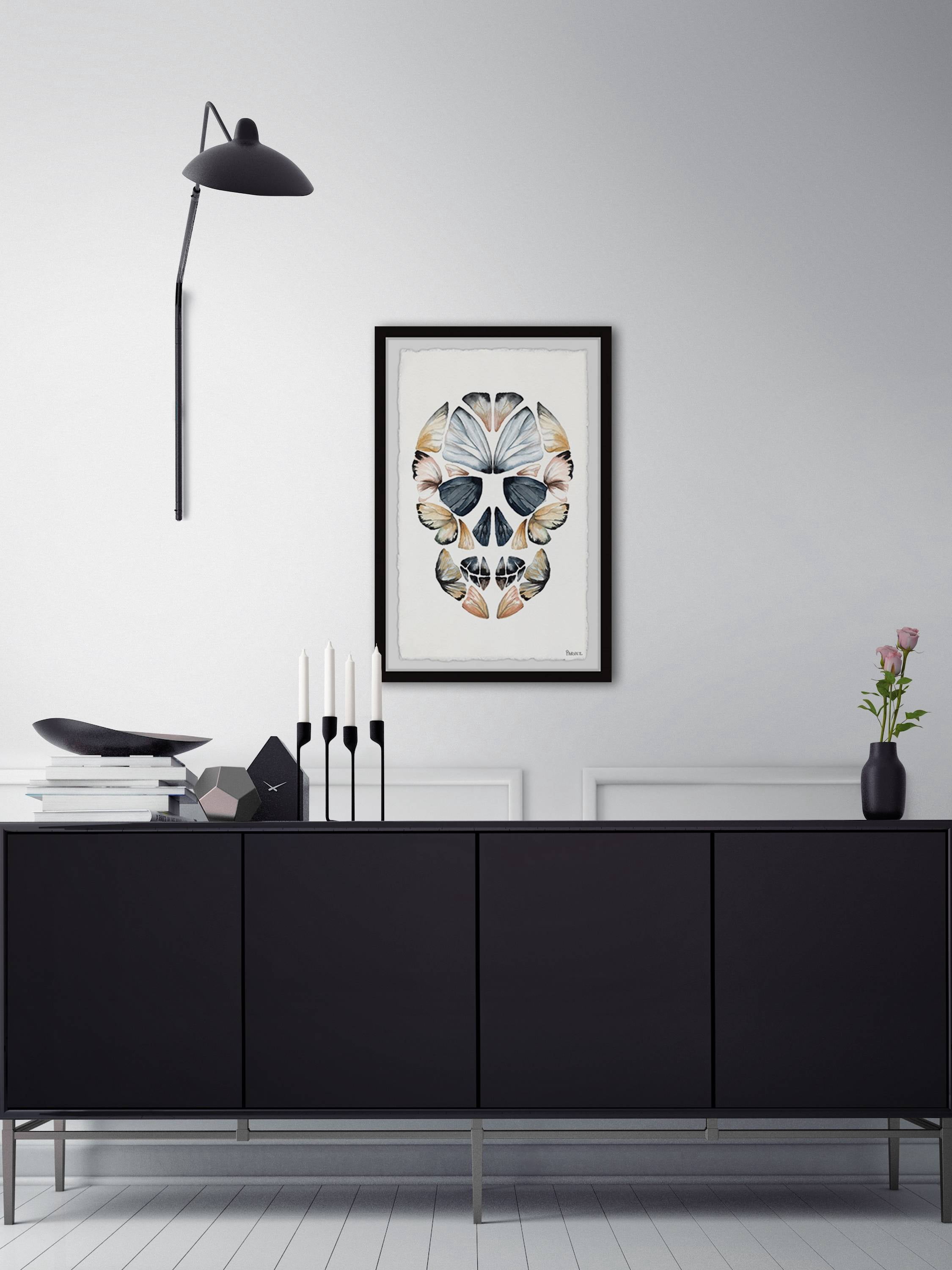 Parvez Taj "Yellow Kaleidoscope Butterfly Skull" Framed Painting Print
