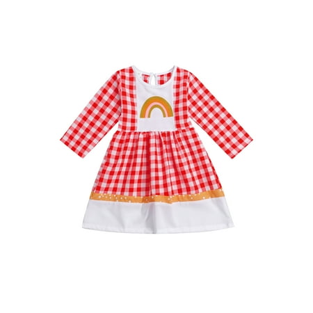 

Fanvereka Baby Princess Long Sleeve Dress with Plaid Rainbow Pattern High Waist Version Spring Clothing