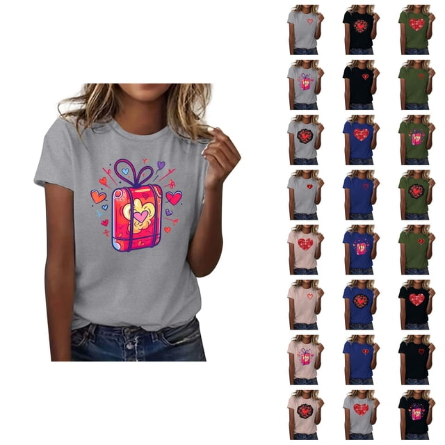 T-shirts de la Saint-Valentin pour Femmes 2026 Mode Manches Courtes Col Rond Cœur Graphique