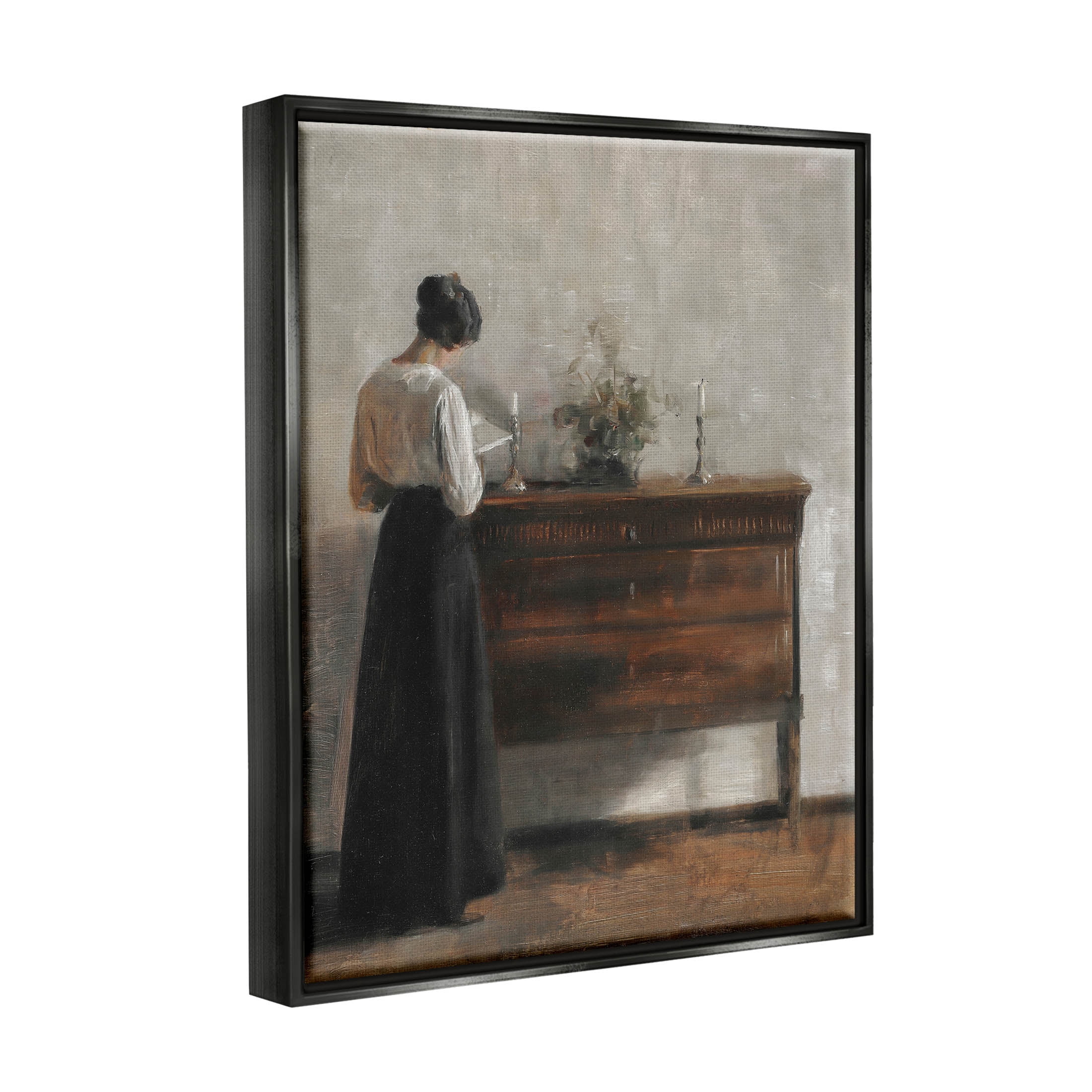 Classic Woman In Dress Reading Typography Painting Jet Black Framed Art Print Wall Art