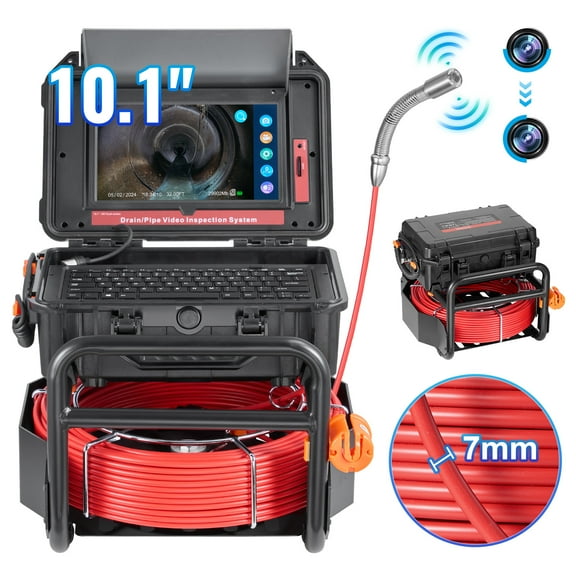 KFFKFF Plumbing Inspection Camera, 165 ft/50m, Equipped with 10.1" Touchscreen, 512Hz Transmitter & Distance Tracker, IP67 Waterproof Pipe Camera with 12 LED Lights and 32GB Card for Duct Pipe