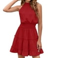 thumbnail image 5 of Robe Courte Évasée, Robe Femme 100 % Fibre de Polyester Décontractée Col Halter Taille Élastique pour l'Été Rouge Vin S, 5 of 5