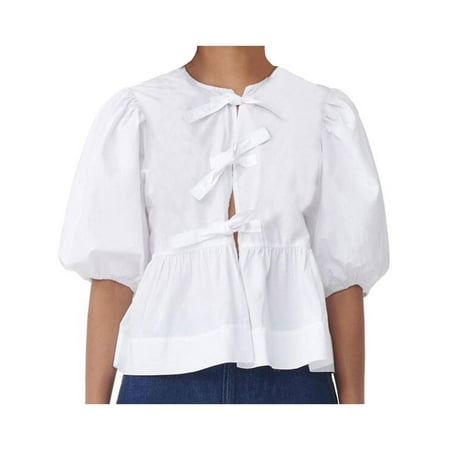 Babydoll Shirts for Women Lace Up Puff Sleeve Blouse V Neck Half Sleeve Basic Tops Y2K Peplum Loose Casual T-Shirt