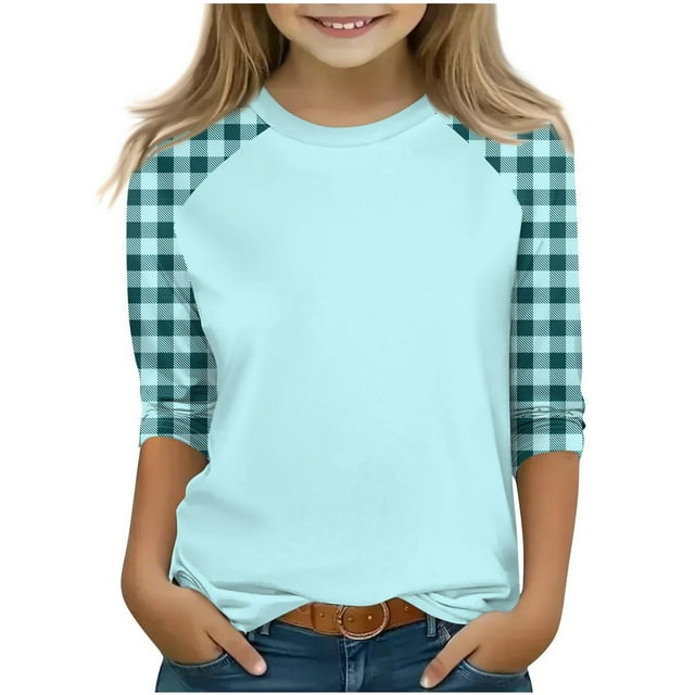 SERTG T-Shirt Mode Enfant Col Rond Manches 3/4 Imprimé Col Rond pour Été et Printemps 4-15 Ans (Bleu Clair1,14 Ans)