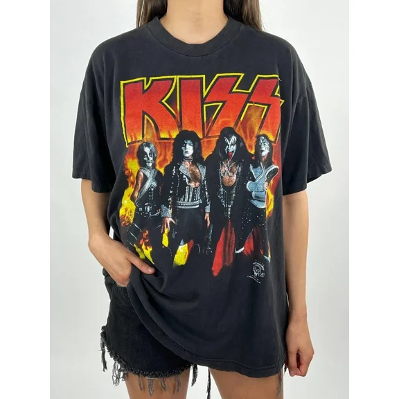 Kiss Band Retro Style Black Short Sleeve Cotton T-shirt Unisex
