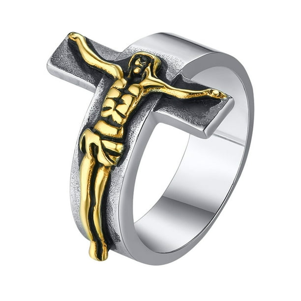 1 pieza de anillo de aleación de moda, anillo de cruz de Jesús, elegante regalo de festival de joyería de mano para mujer y hombre (dorado n. ° 13)