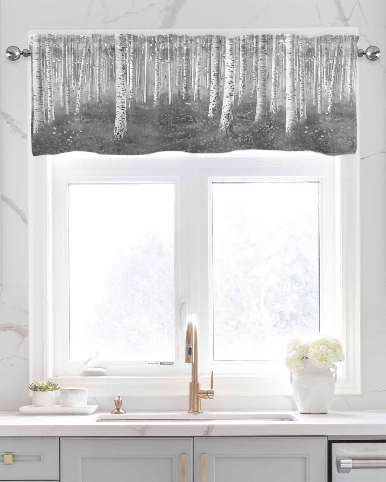 Grey Forest Tree Linen Curtain Valance for Bedroom/Bathroom/Kitchen/Living/Dining Room Window,Farmhouse Country Nature Scenic Painting Pocket Topper Drapes Decorative Cafe Drapery Panel 60"x18"